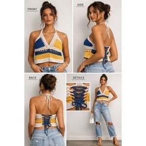 Handmade Crochet Halter Top Blue Yellow White Colorblock Boho Festival Crop M
